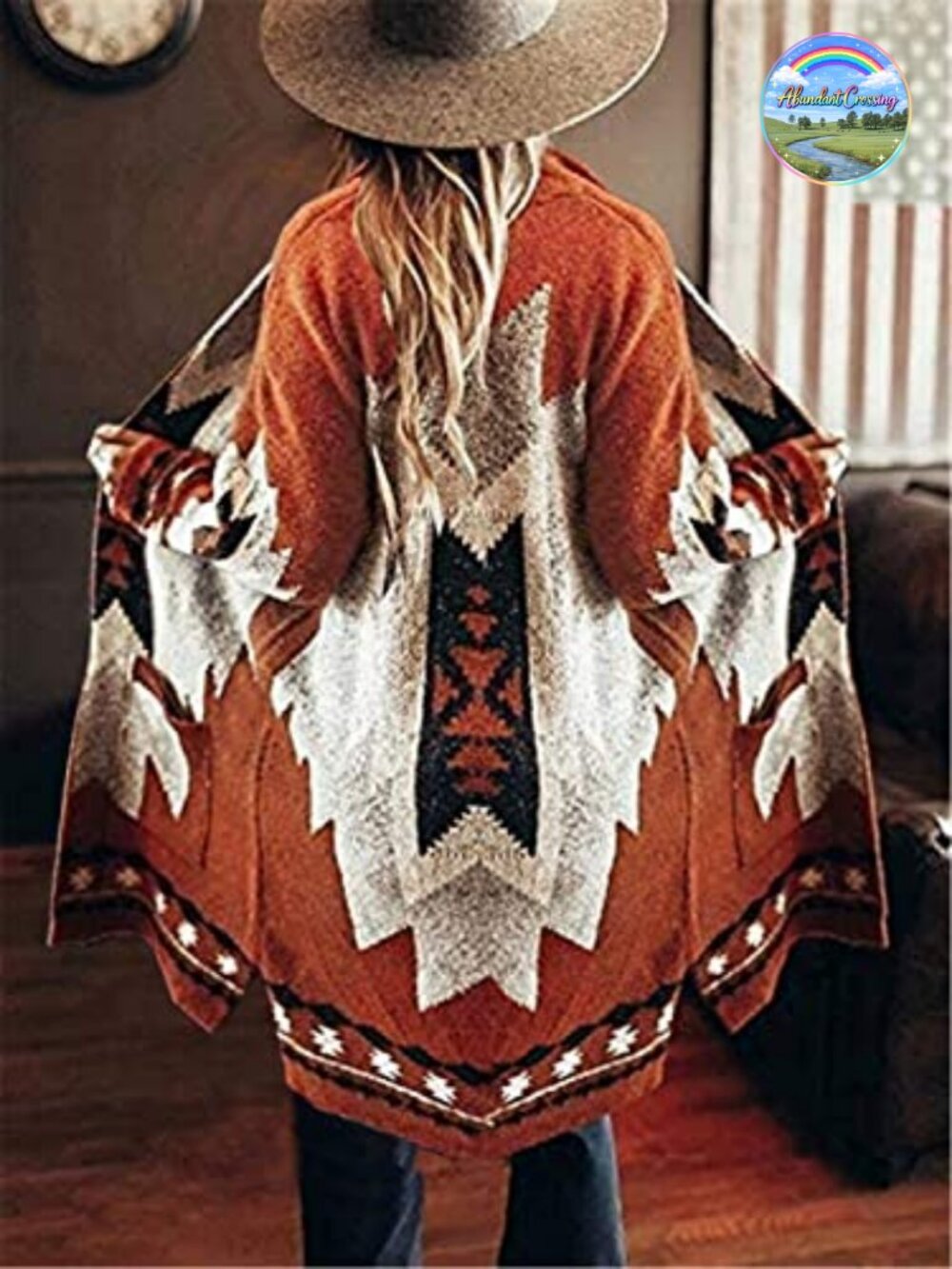Vintage Tribal Knitted Open Front Cardigan with Pockets Cozy Western Sweater - Picture 2 of 3